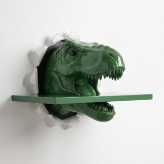 3D T-Rex wall shelf bursting through a white wall, green shelf in place